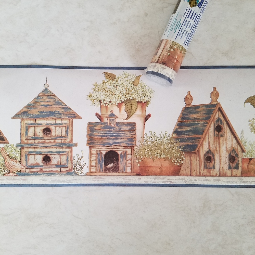 Wallpaper Border Cottage Wooden Birdhouses Blue Trim - Open Roll